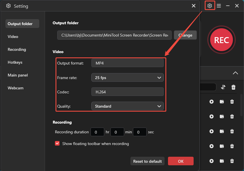 MiniTool Screen Recorder settings window with example settings for recording Amazon Prime Video.