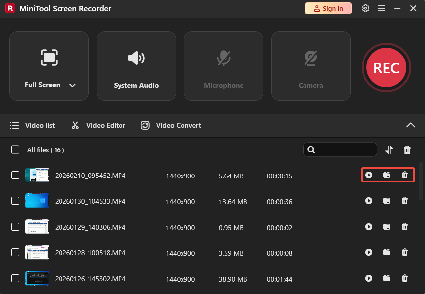 MiniTool Screen Recorder interface with the selected Play, Folder, and Delete icons.