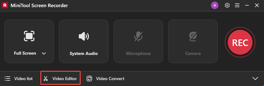 The selected Video Editor option in the MiniTool Screen Recorder interface.