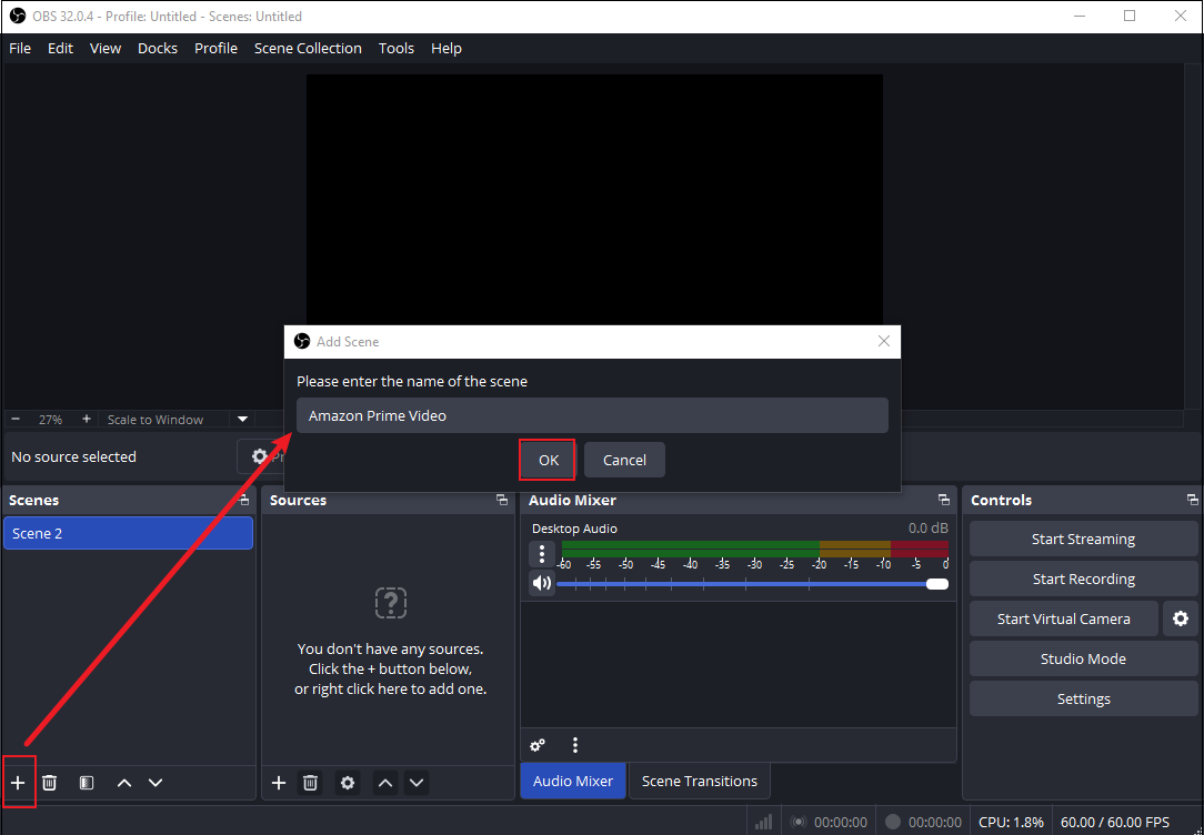 OBS Studio interface showing how to create a scene for recording Amazon Prime Video.