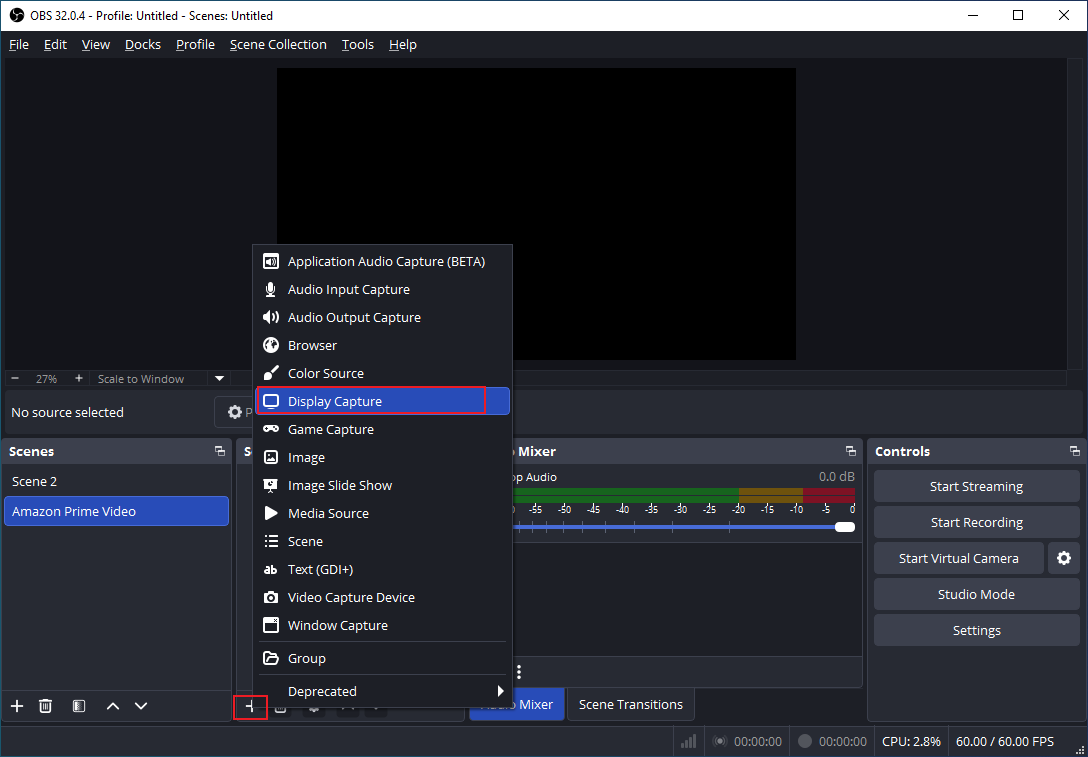 The selected Display Capture option from the Add Source menu in OBS.