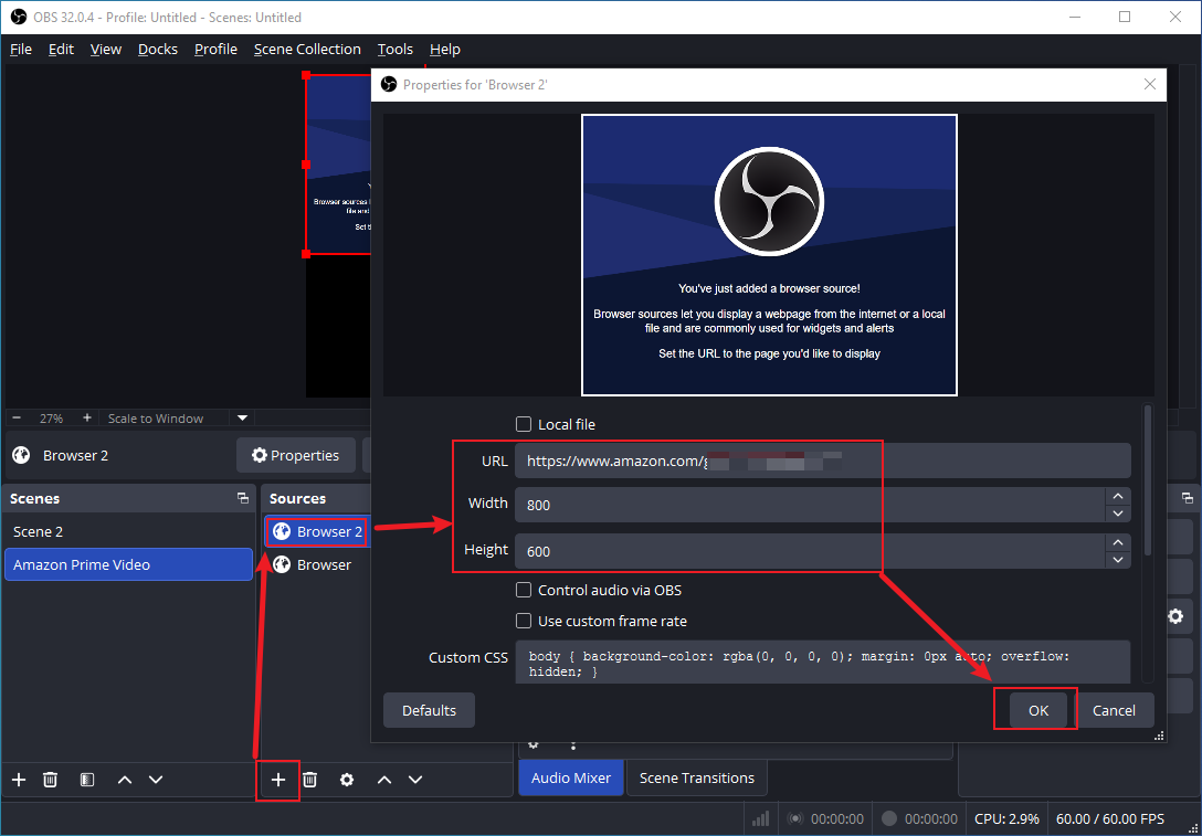 OBS Studio interface showing how to create a browser scene for recording Amazon Prime Video.