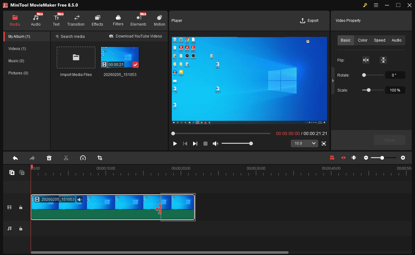 The Trim icon being dragged to the left on the timeline of MiniTool MovieMaker.