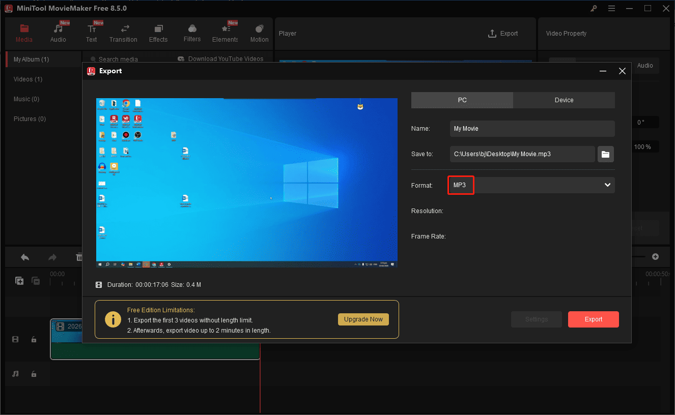 MiniTool MovieMaker Export window with the selected MP3 option.