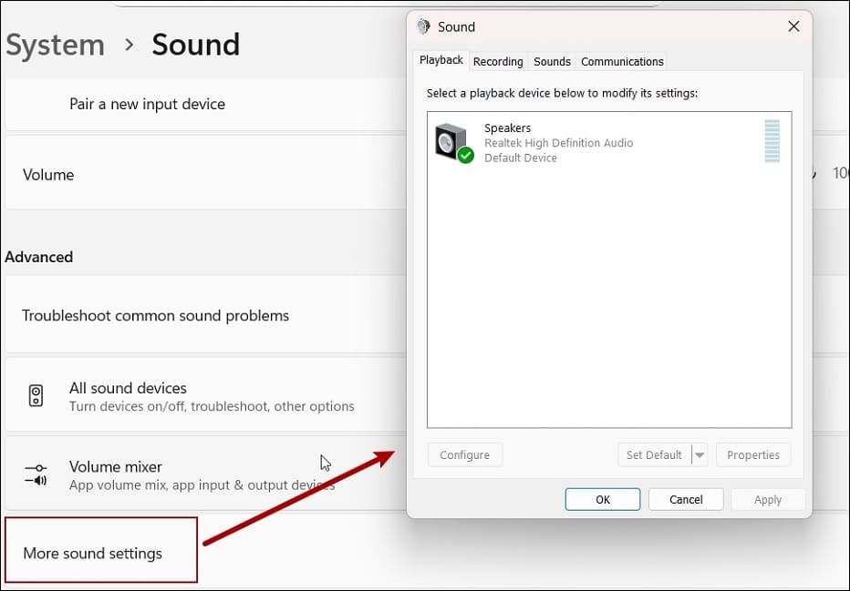 Windows 11 Sound Settings showing how to open the Sound window.