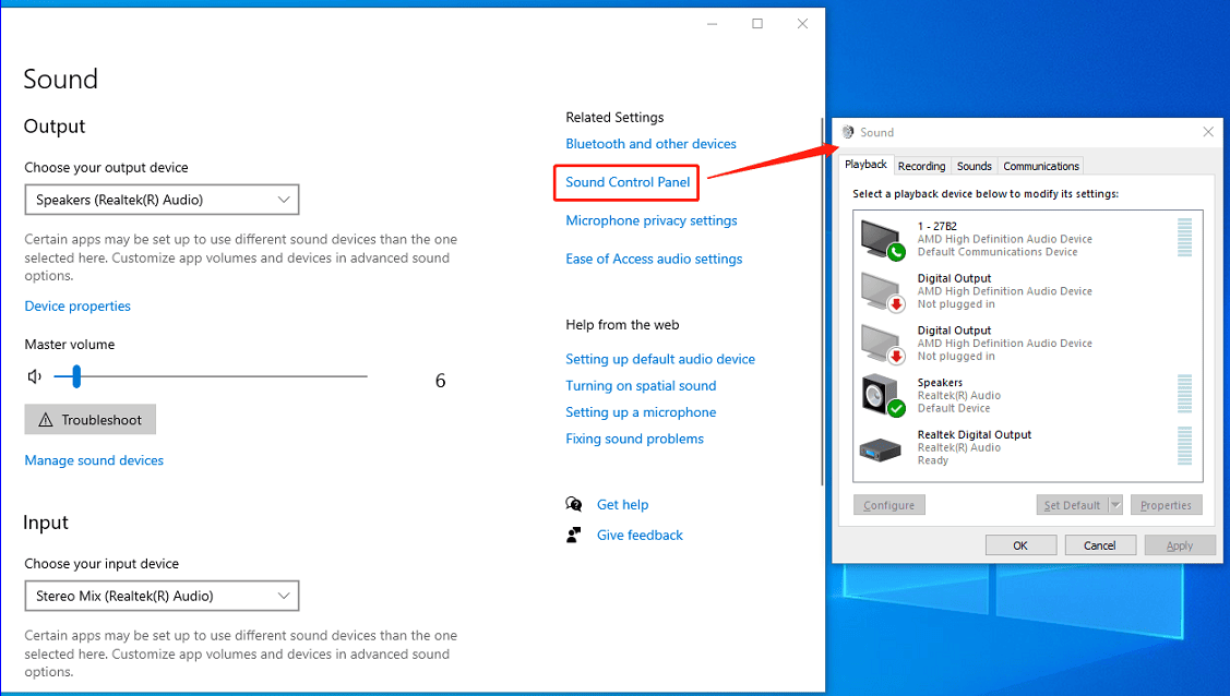 Windows 10 Sound Settings showing how to enable the Sound window.