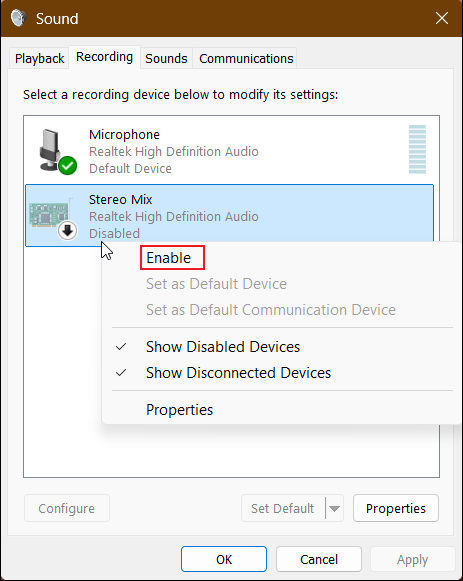 The Recording tab in Windows Sound showing how to enable Stereo Mix.
