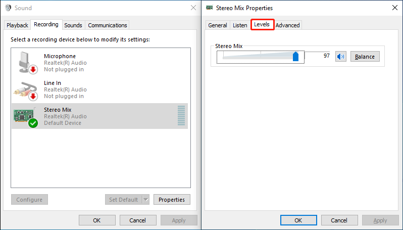 The Sound window showing how to adjust the volume level of the recording device.