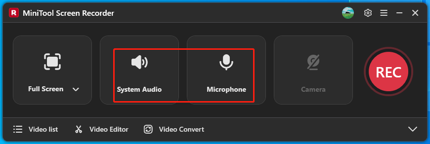 The highlighted System Audio and Microphone icons on the main interface of MiniTool Screen Recorder.