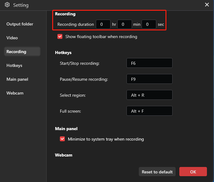 The highlighted Recording duration option in the MiniTool Screen Recorder Settings window.