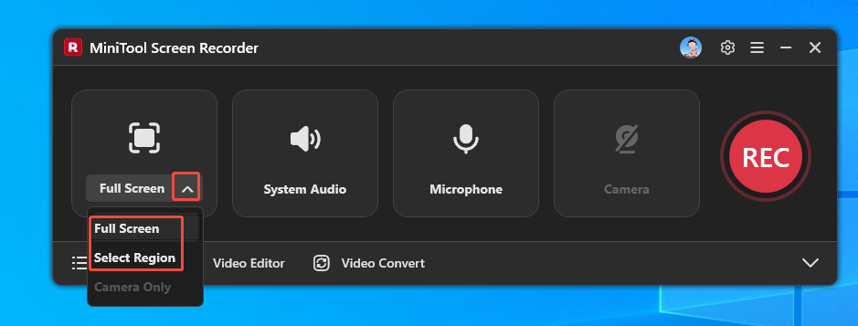 MiniTool Screen Recorder interface showing how to choose the YouTube audio recording area.