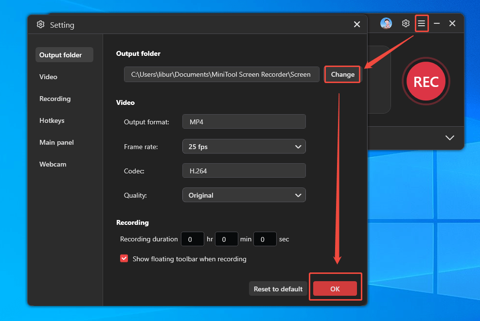 MiniTool Screen Recorder interface showing how to change the save path of the YouTube audio recording.