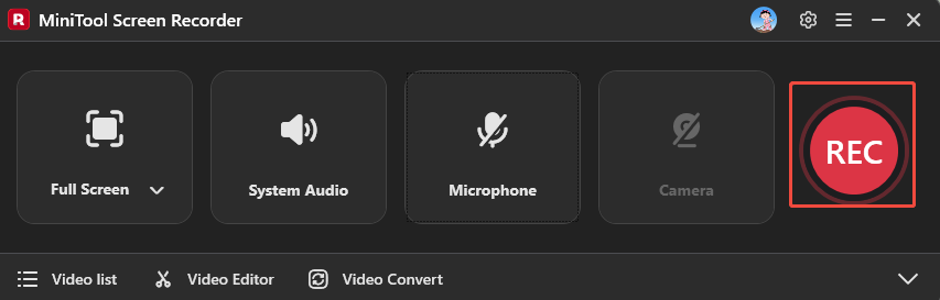MiniTool Screen Recorder interface with the red REC button selected.