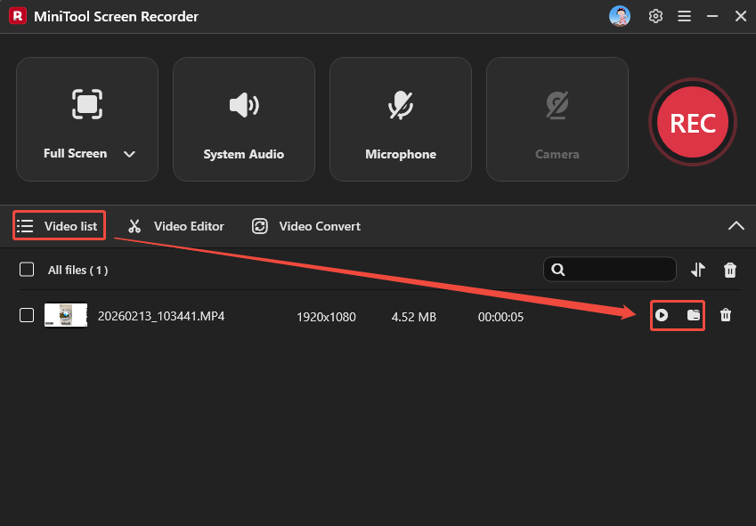 MiniTool Screen Recorder interface with the Play and Folder icons selected under the Video list module.