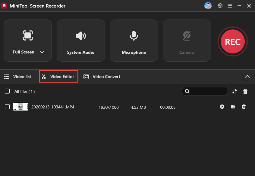MiniTool Screen Recorder with the Video Editor option selected.