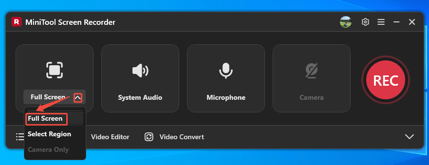 MiniTool Screen Recorder interface with the Full Screen option selected.