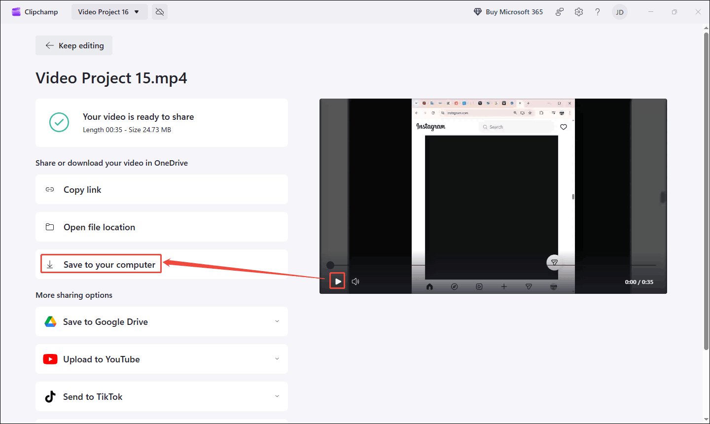 Clipchamp recorded video download page with the Play button and the Save to your computer option selected.