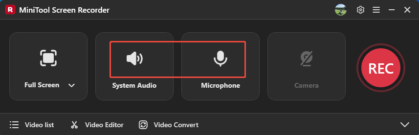 MiniTool Screen Recorder interface with the System Audio icon and the Microphone icon selected.