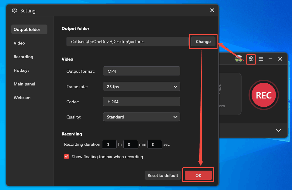 MiniTool Screen Recorder Setting window showing how to specify a save location.