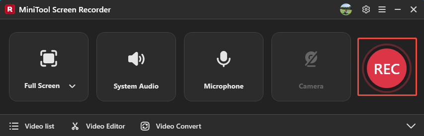 MiniTool Screen Recorder interface with the REC button selected.