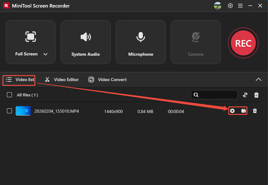 MiniTool Screen Recorder Video list with the Play icon and the Folder icon selected.