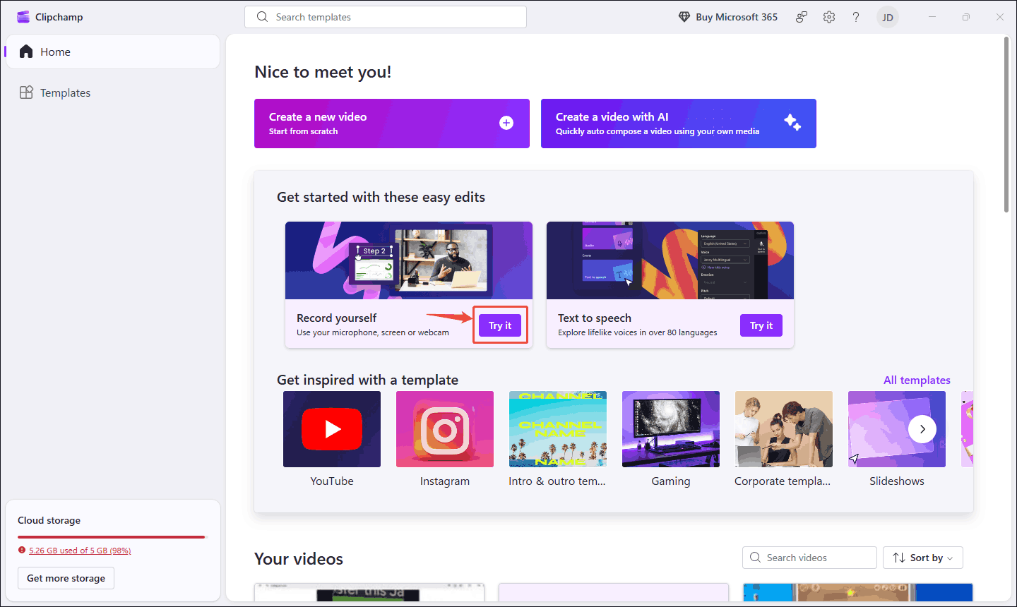 Clipchamp interface with the Try it option selected on the Record yourself section.