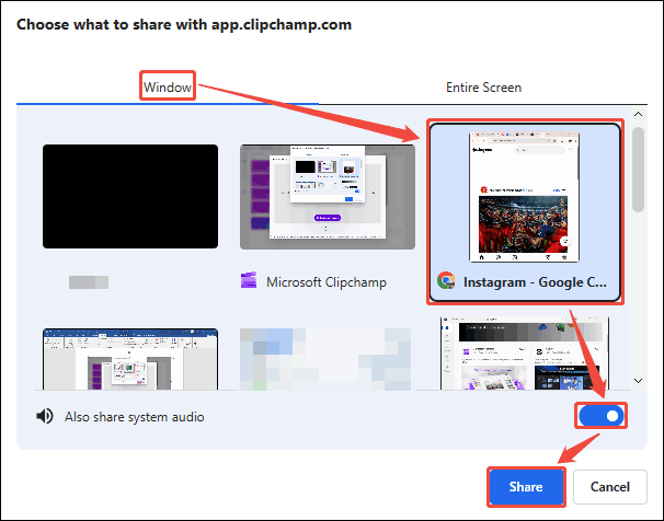 Clipchamp recording type window showing how to choose a recording mode and how to start recording.