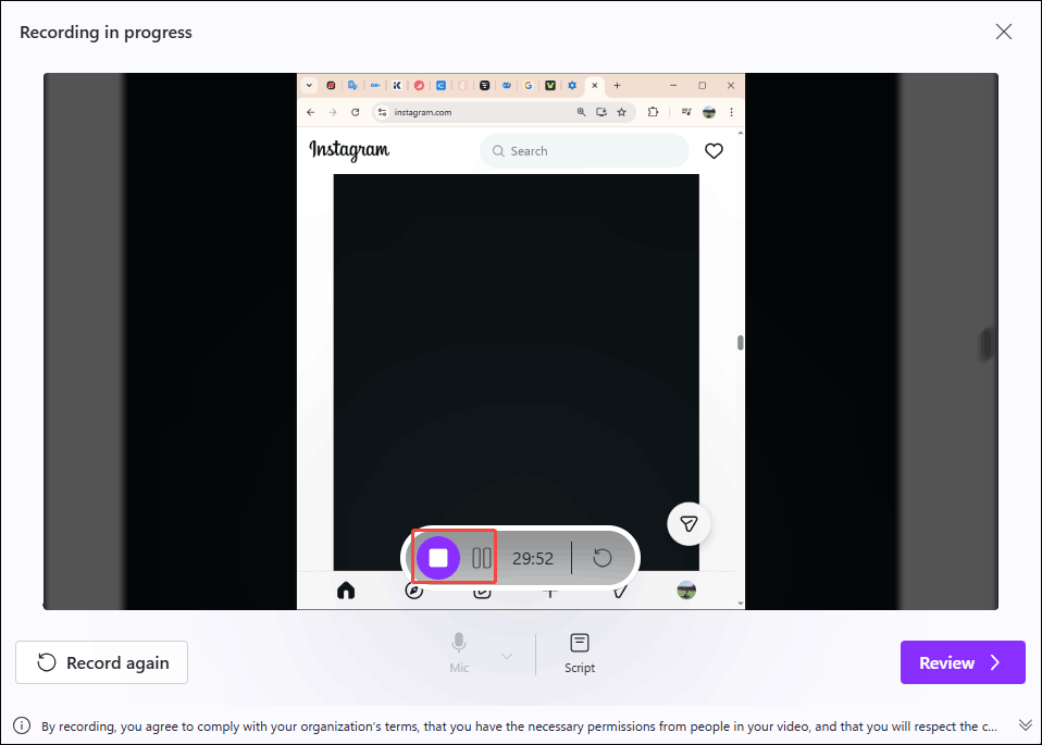 Clipchamp recording page with the Pause button and the Stop button selected.