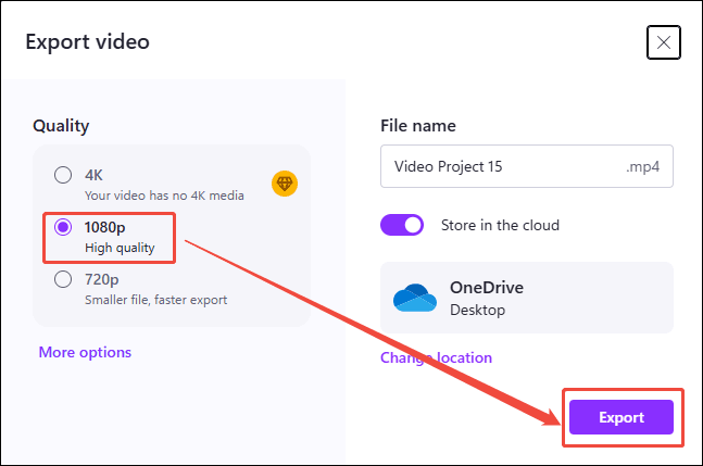 Clipchamp Export video window with the 1080p option and the Export button selected.