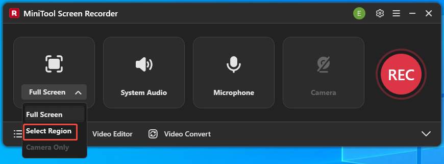 MiniTool Screen Recorder interface with the Select Region option selected.
