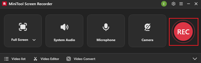 MiniTool Screen Recorder interface with the REC option selected.