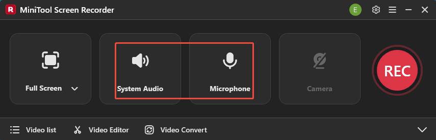 MiniTool Screen Recorder interface with the System Audio icon and the Microphone icon selected to manage the audio recording.