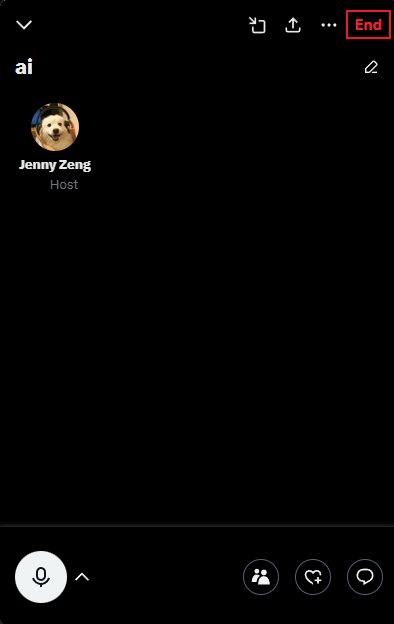 Twitter Spaces interface with the End option selected.