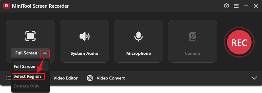 MiniTool Screen Recorder interface with the Select Region option selected from the dropdown Full Screen menu.