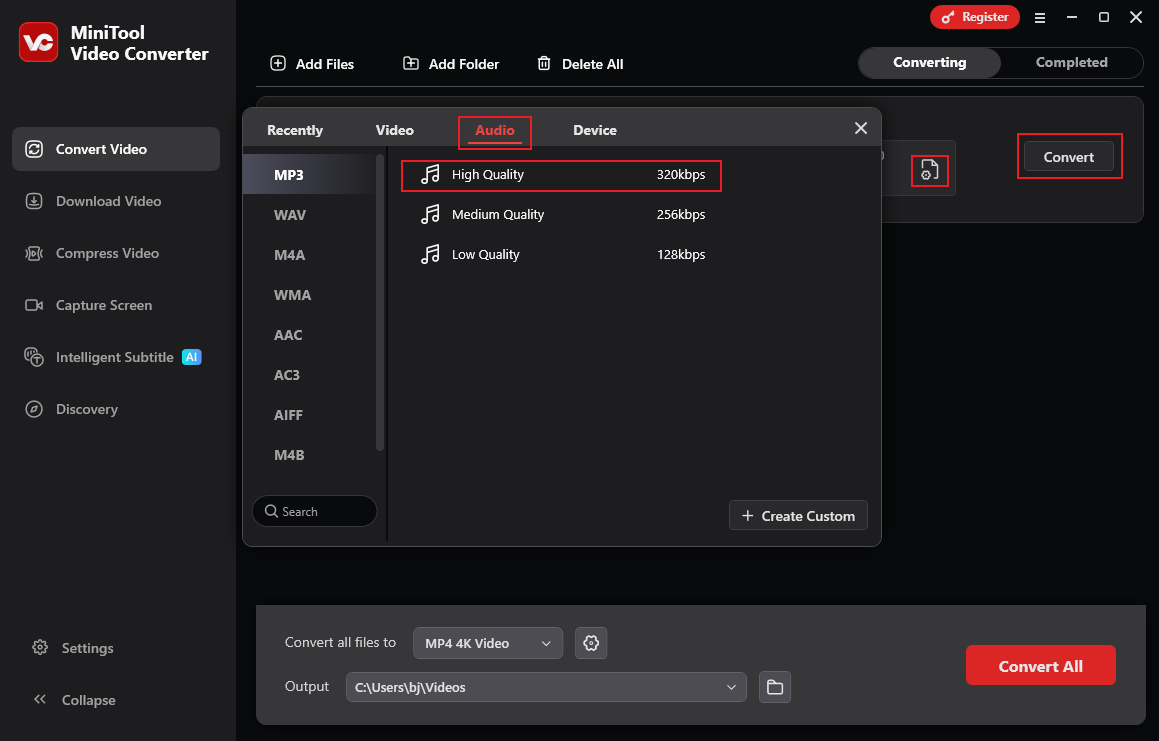 MiniTool Video Converter interface showing how to choose audio output format and start the conversion.