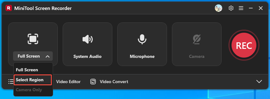 MiniTool Screen Recorder interface with the Select Region option selected.