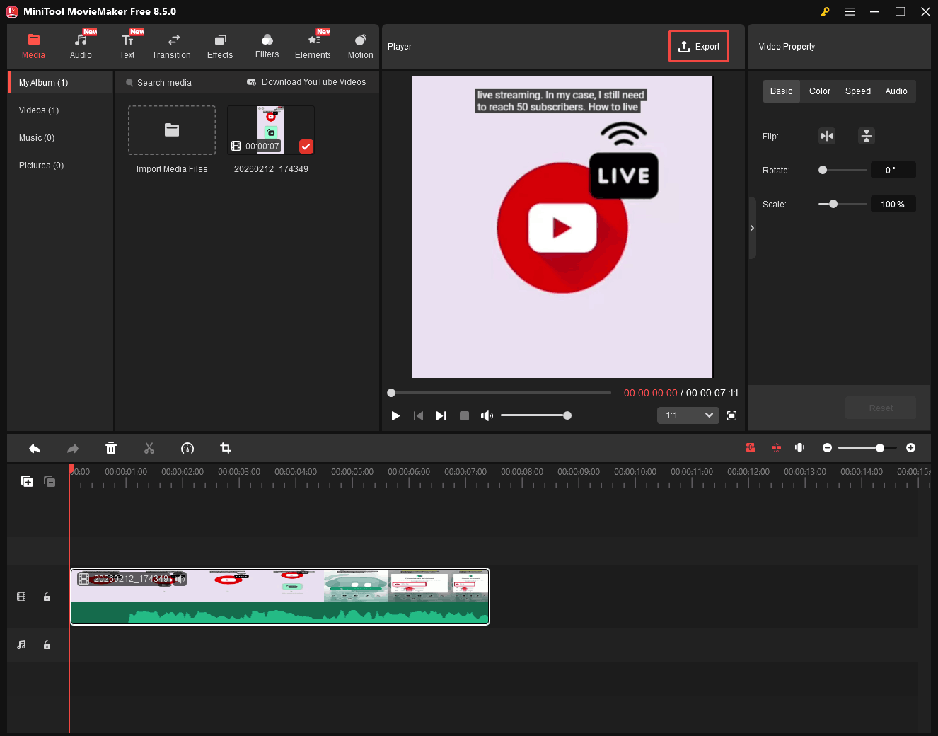 MiniTool MovieMaker interface with the Export option selected.