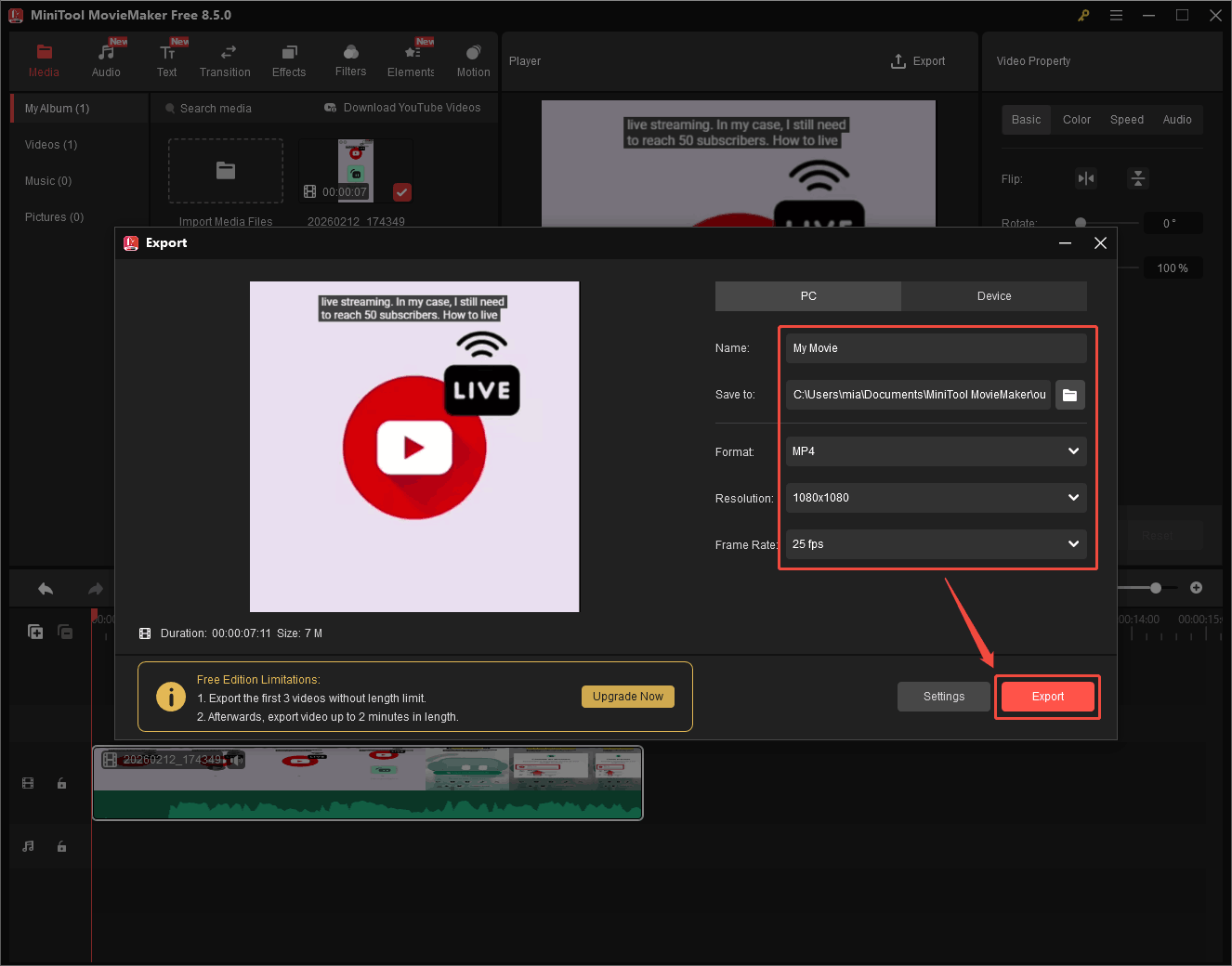 MiniTool MovieMaker Export window with the export settings and the Export button selected.