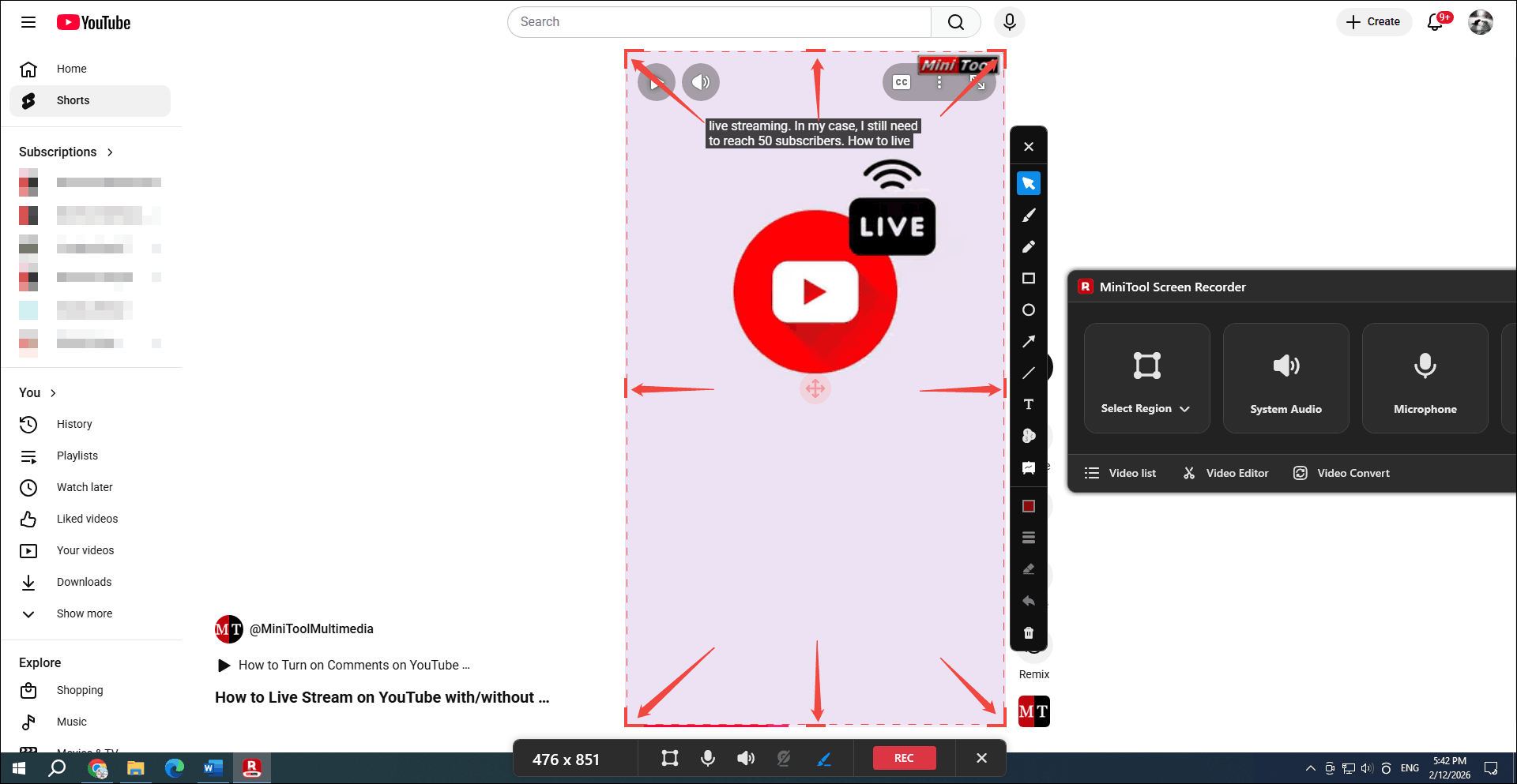 YouTube Shorts interface with the video play area selected to be recorded by MiniTool Screen Recorder.