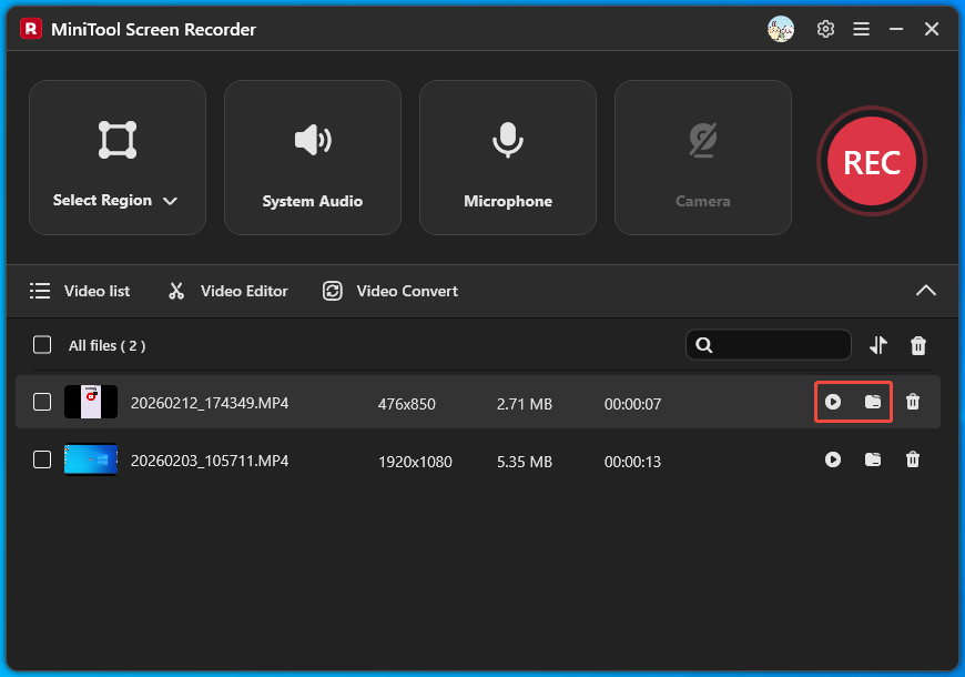 MiniTool Screen Recorder interface with the play icon and folder icon selected.