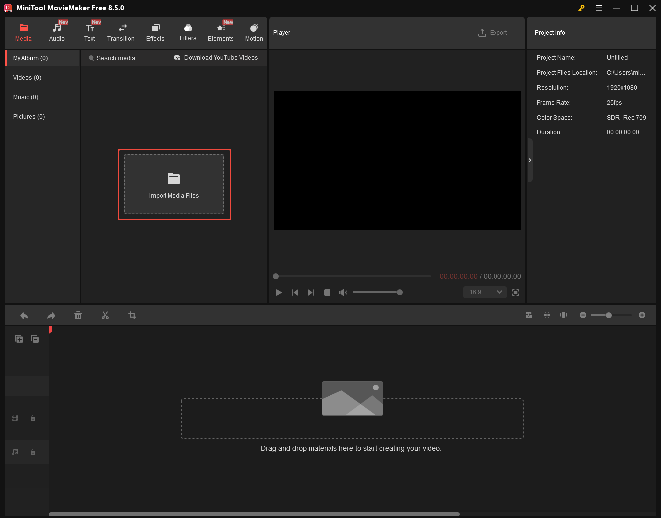 MiniTool MovieMaker interface with the Import Media Files option selected.