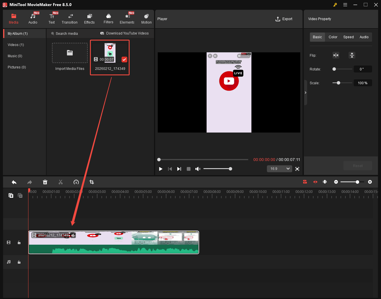 MiniTool MovieMaker interface showing how to drag and drop the video into the timeline.