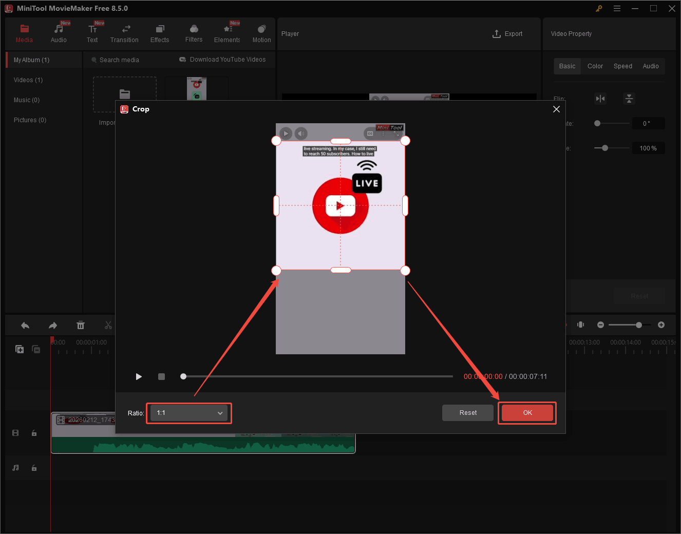 MiniTool MovieMaker Crop window showing how to crop a video.