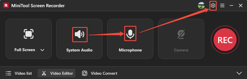 MiniTool Screen Recorder interface showing how to control the audio of the recorded video.
