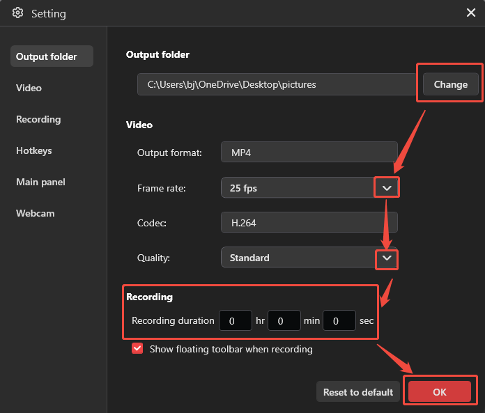 MiniTool Screen Recorder Setting window showing how to complete settings for the recorded video.