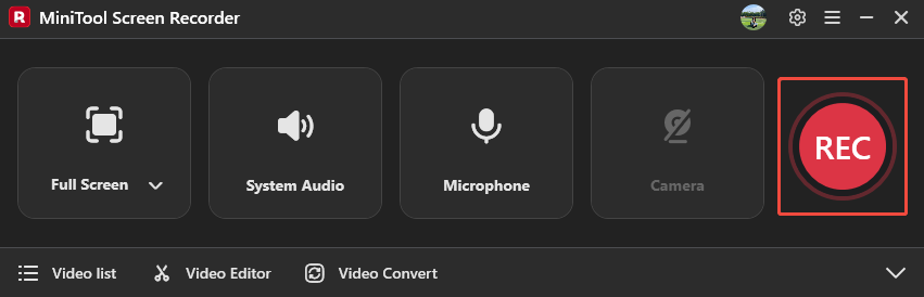 MiniTool Screen Recorder interface with the REC button selected.