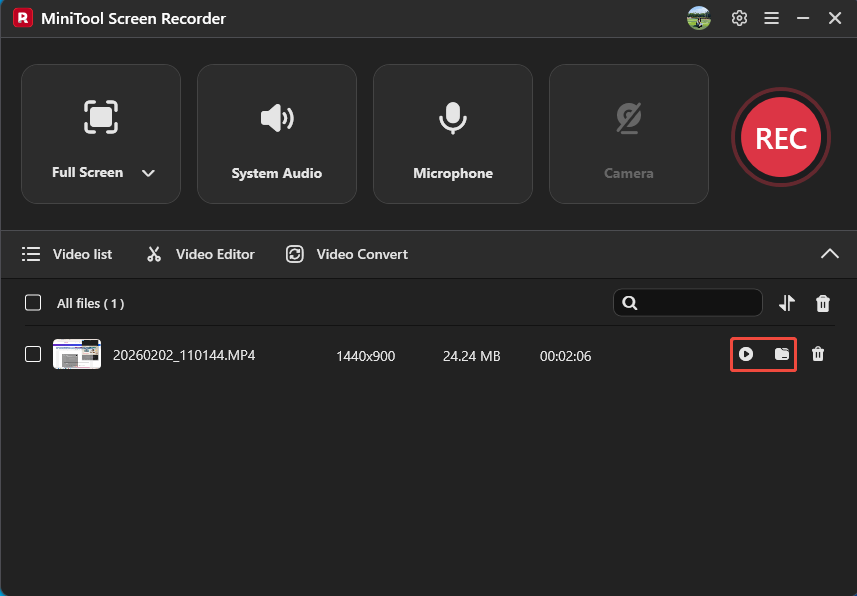 MiniTool Screen Recorder Video list tab with the Play icon and the Folder icon selected.