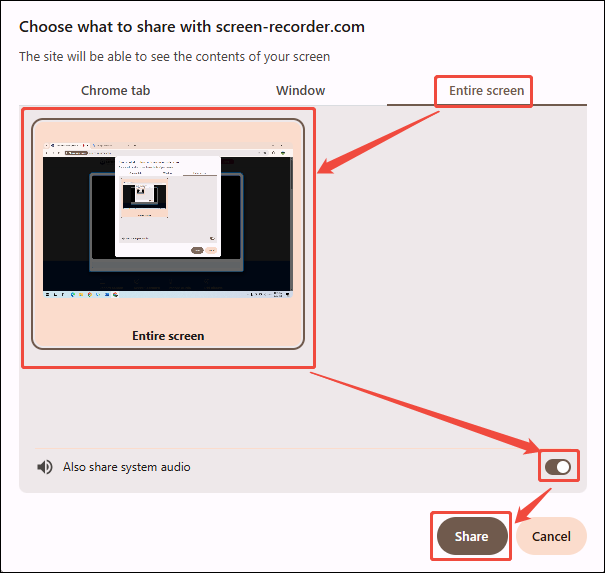 Free Online Screen Recorder recording type window showing how to select a recording type.