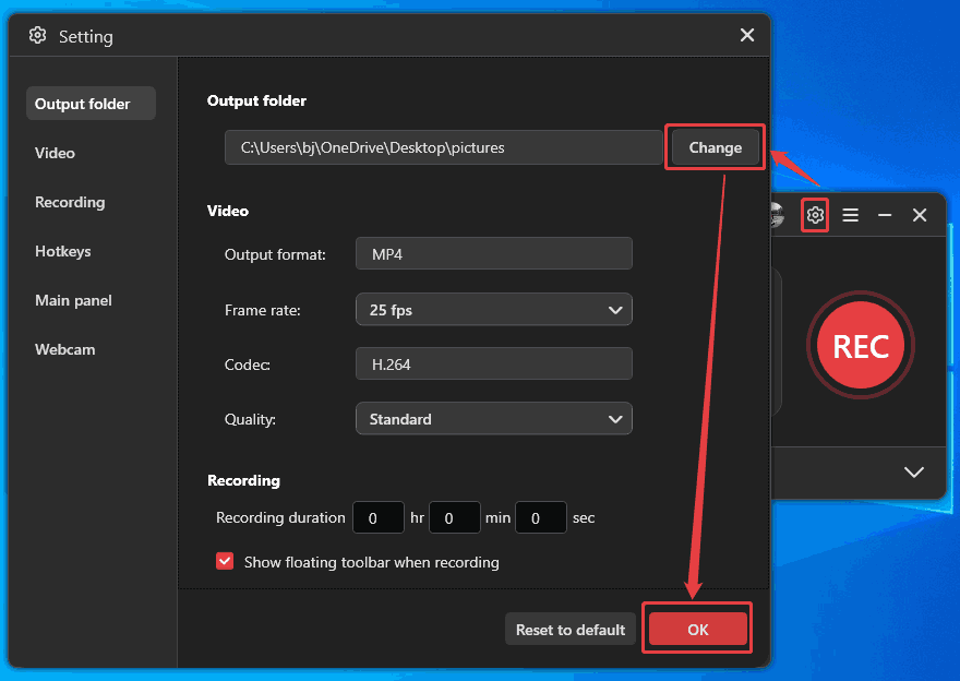 2Alt=MiniTool Screen Recorder Settings window showing how to specify a storage location for the recorded audio.