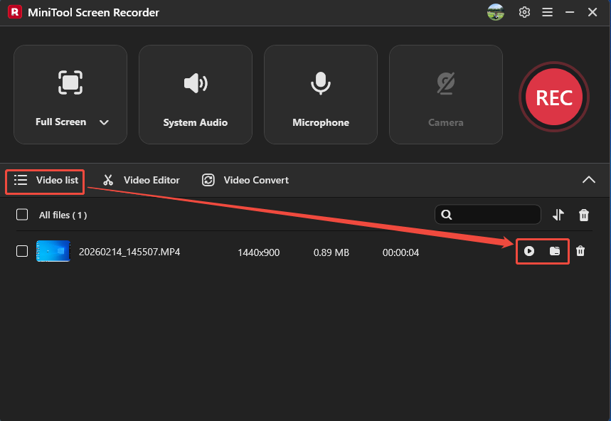 MiniTool Screen Recorder Video list tab with the Play icon and the Folder icon selected.